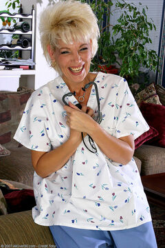 Mature blonde nurse slide out of her uniform and smiles