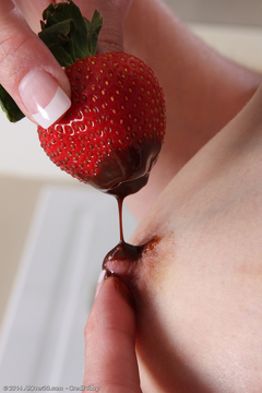Skinny 41 year old Celeste Carpenter slips a strawberry in her puss