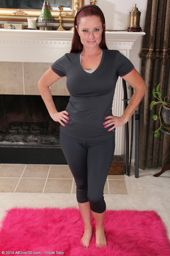 38 year old Shelly Jones practicing a little naked yoga by the couch